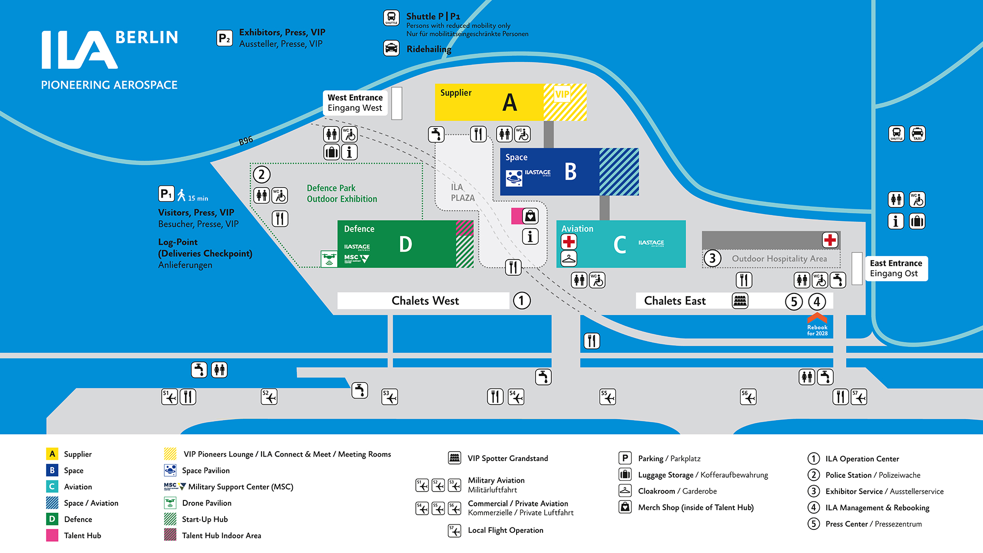 Site map of ILA Berlin 2026 showing the outdoor hospitality area at the main entrance