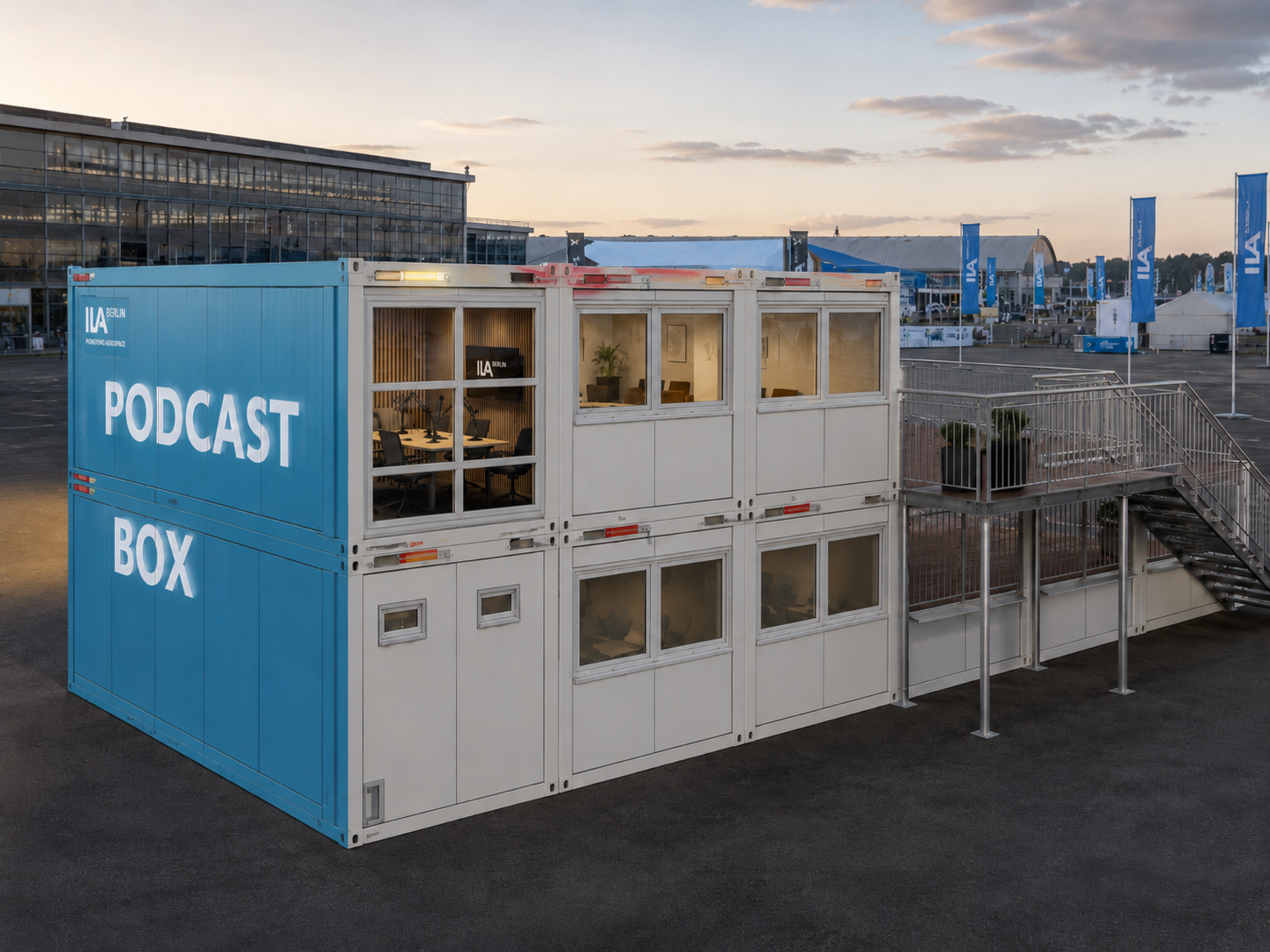 ILA Podcast Box with view across the fairgrounds